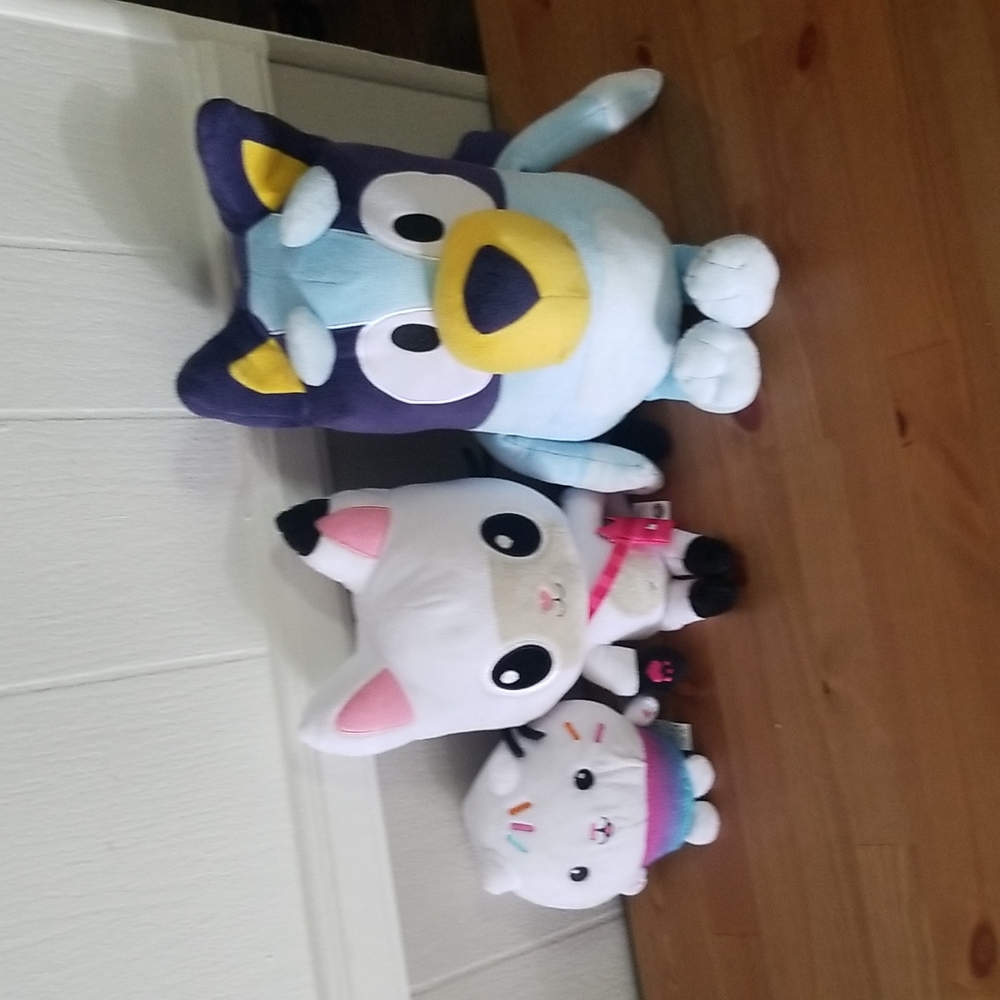 Set of three  stuffed Toys. Two Gabby Dollhouse and one Bluey